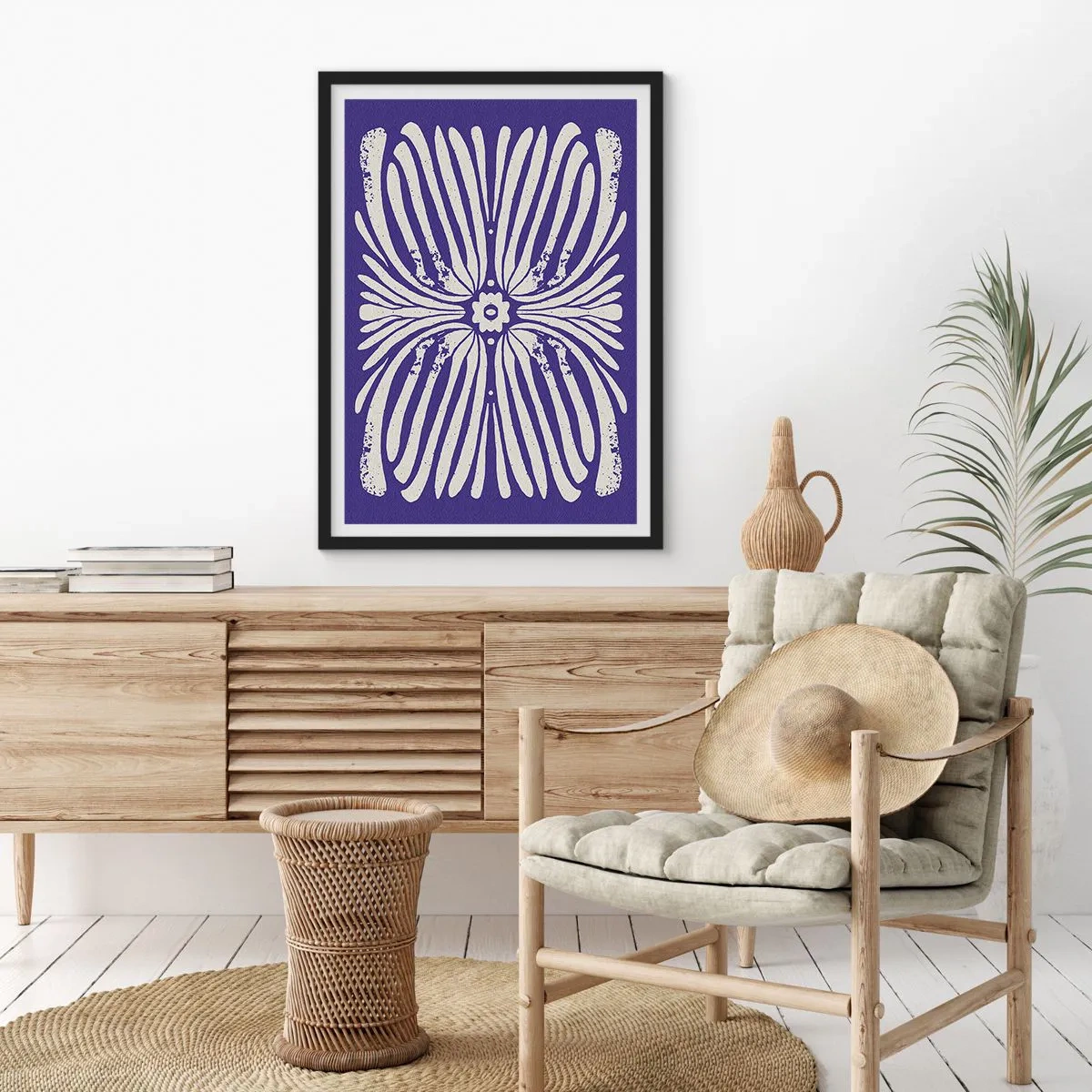 Poszter fehér keretben - Szimmetrikus retro virágmintás sötétkék alapon - 50x70cm - Etnikai inspirációk - Modern fali dekoráció nappalihoz és hálószobához ARTTOR