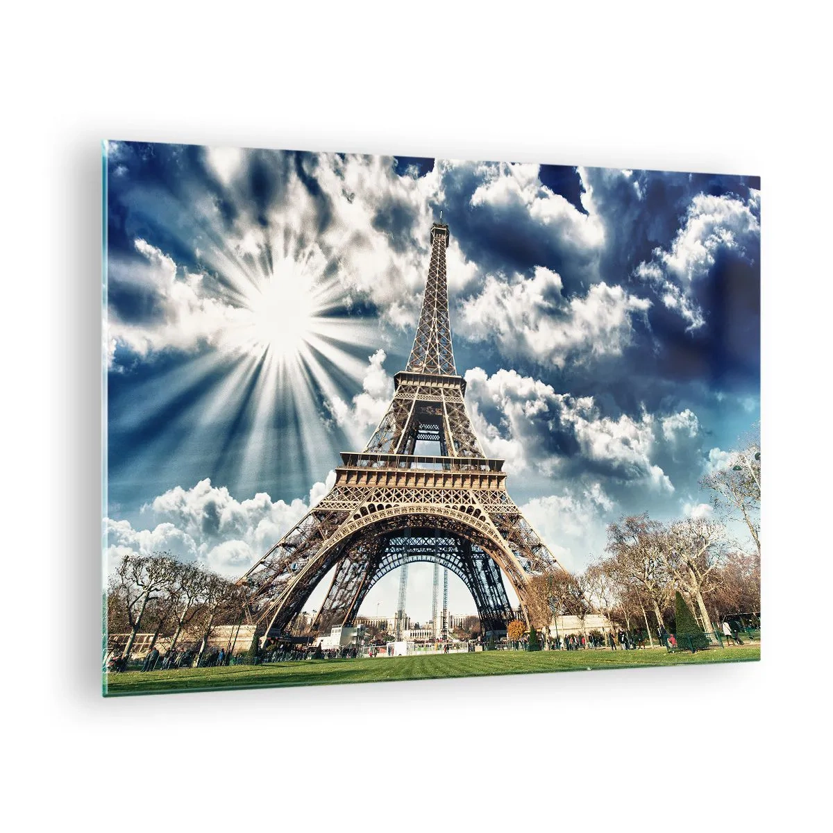 Üveg kép - Az Eiffel-torony a ragyogó égbolt hátterében - 70x50cm - Az egyetlen ilyen a nap alatt - Modern fali dekoráció nappalihoz és hálószobához ARTTOR