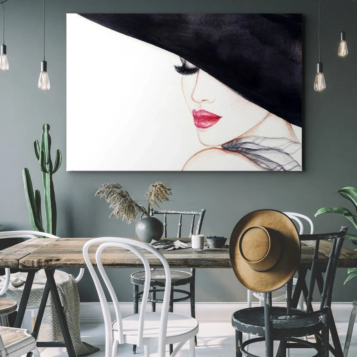 Vászonkép - Egy fekete kalapban és piros ajkakban lévő nő finom illusztrációja - 70x50cm - Elegancia és érzékiség - Modern fali dekoráció nappalihoz és hálószobához ARTTOR