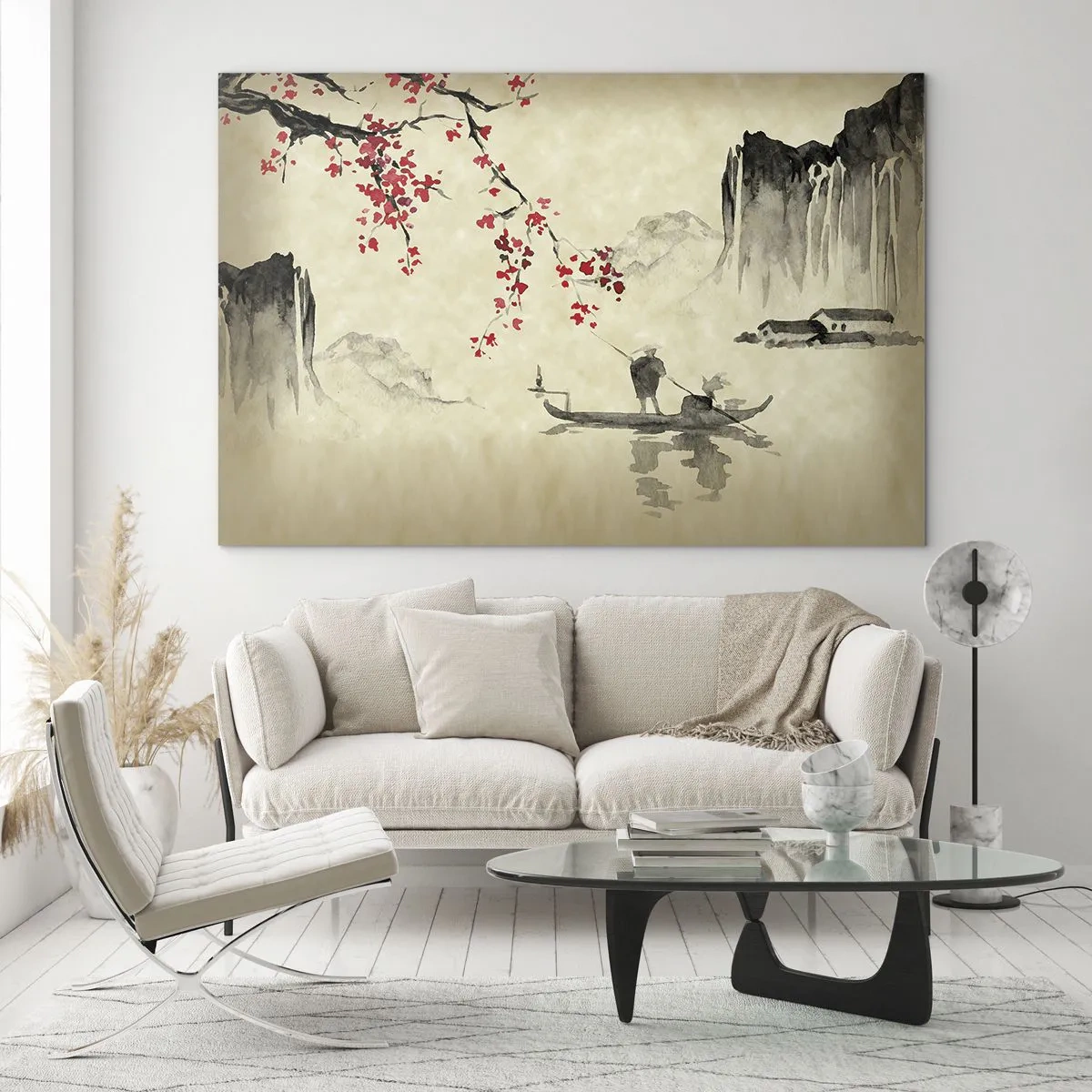 Üveg kép - Keleti horgászjelenet cseresznyevirág ággal és hegyekkel - 70x50cm - A virágzó meggyfák országában - Modern fali dekoráció nappalihoz és hálószobához ARTTOR
