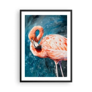 Poszter fehér keretben - Egy akvarell flamingó türkizkék víz háttér előtt - 50x70cm - Természetesen dekoratív - Modern fali dekoráció nappalihoz és hálószobához ARTTOR