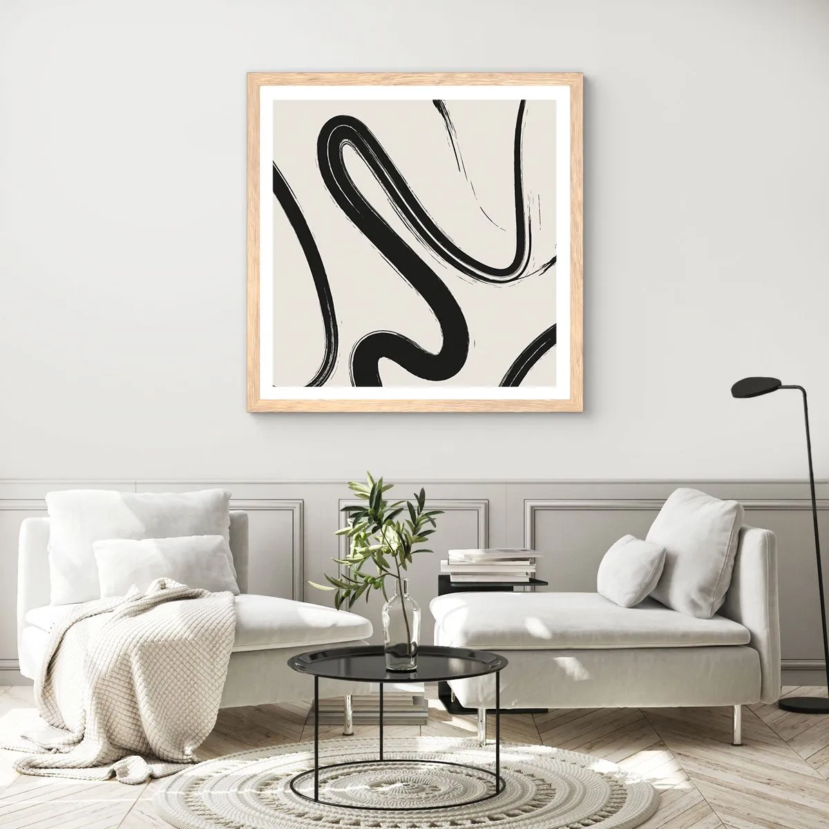 Poszter világos tölgy keretben - Fekete-fehér rajongás - 60x60 cm