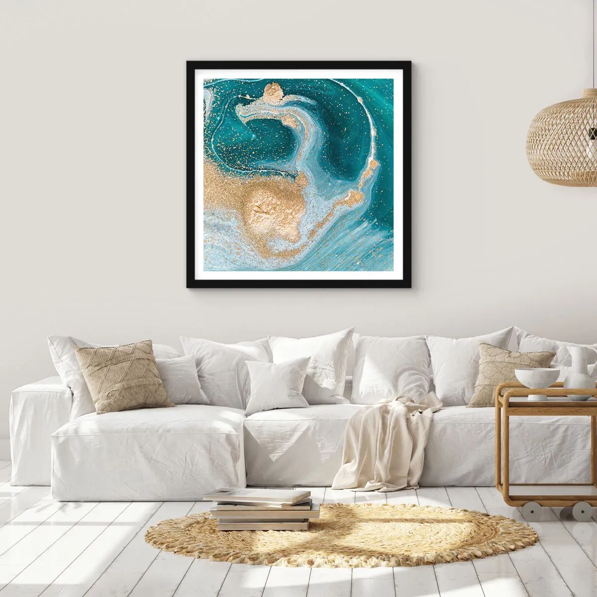 Poszter fehér keretben - Arany és türkiz örvénye - 60x60 cm