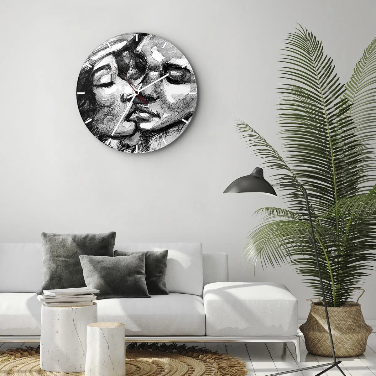 Falióra, Óra - Fekete-fehér vázlat egy csókolózó párról - 30x30cm - Egy érzelmes pillanat - Modern fali dekoráció nappalihoz, konyhához és hálószobához ARTTOR