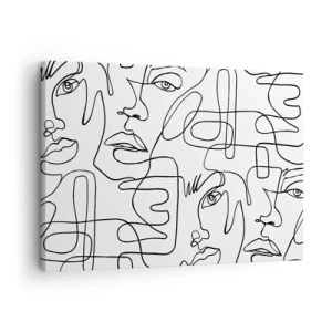 Vászonkép - Egy minimalista rajz egy arcról, vonalakkal világos háttér előtt. - 70x50cm - Összegabalyodott érzelmekben - Modern fali dekoráció nappalihoz és hálószobához ARTTOR
