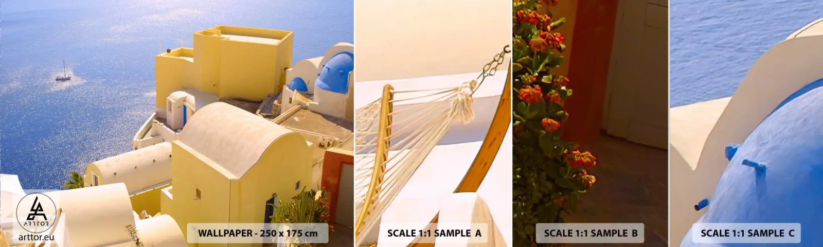 Fotótapéta Minta Standard Eco - Görög táj fehér és kék színben - Tájkép, Santorini, Görögország - 100x30 cm