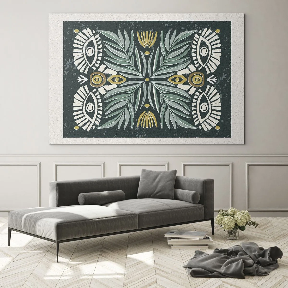 Üveg kép - Levelek és minták szimmetrikus kompozíciója népi stílusban - 70x50cm - Mint egy népi kivágás - Modern fali dekoráció nappalihoz és hálószobához ARTTOR