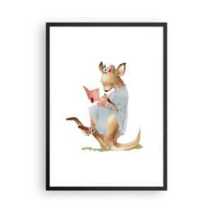 Poszter fehér keretben - Egy kenguru művészi stílusban olvas egy könyvet egy gyerekkel. - 50x70cm - Olvass nekem anya - Modern fali dekoráció nappalihoz és hálószobához ARTTOR