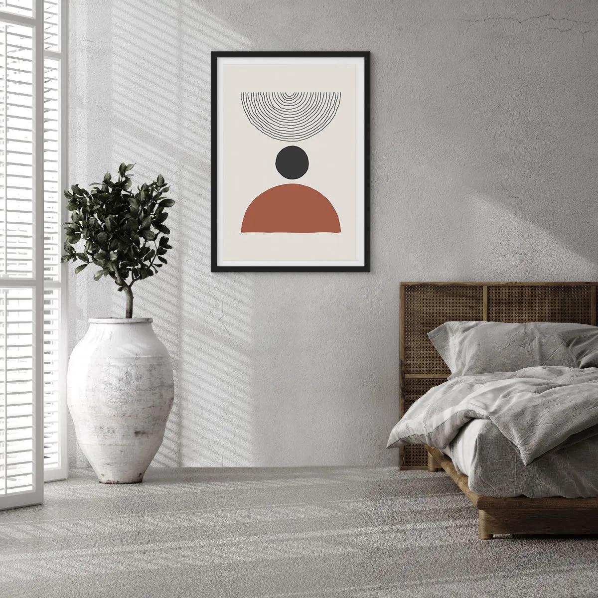 Poszter fehér keretben - Geometrikus motívum félkörrel és vonalakkal világos háttéren - 50x70cm - A figyelem középpontjában - Modern fali dekoráció nappalihoz és hálószobához ARTTOR