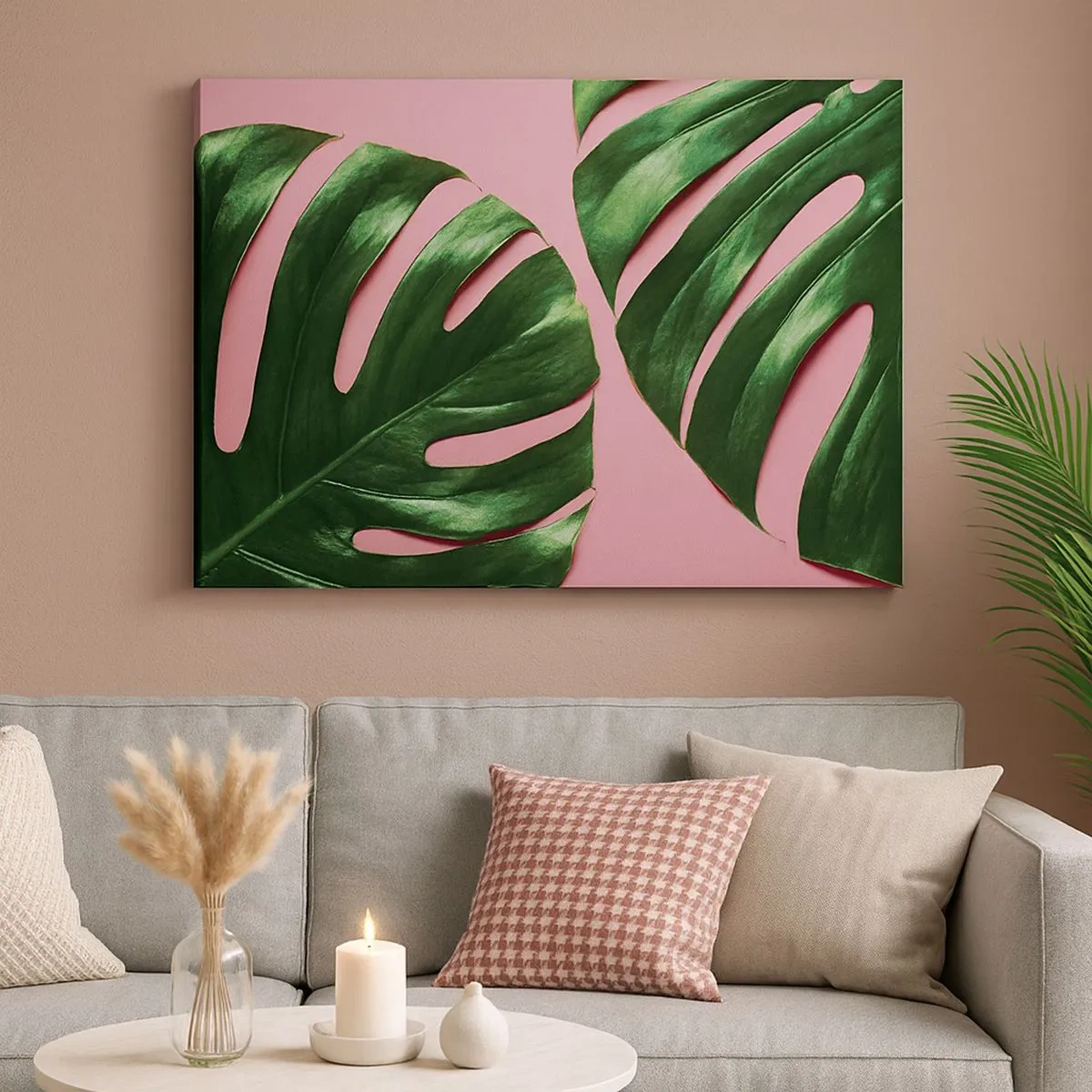 Vászonkép - Zöld monstera levelek rózsaszín háttéren - 70x50cm - Zöld rendez-vous - Modern fali dekoráció nappalihoz és hálószobához ARTTOR
