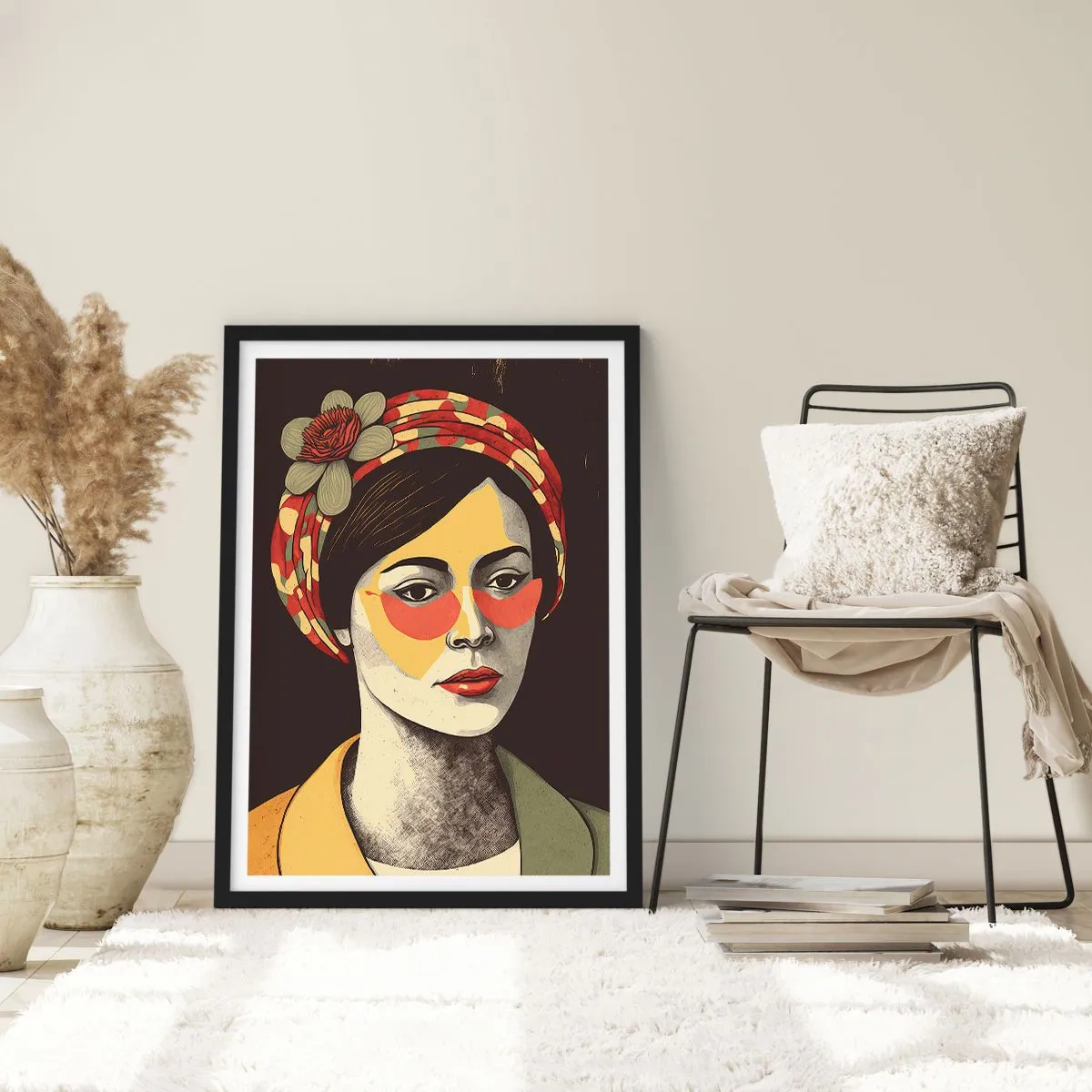 Poszter fehér keretben - Stilizált portré egy nőről turbánban, virágmintás díszítéssel - 50x70cm - Korall hölgy - Modern fali dekoráció nappalihoz és hálószobához ARTTOR