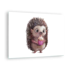 Üveg kép - Egy aranyos sündisznó cupcake-kel fehér alapon - 70x50cm - Ünnep van minden nap - Modern fali dekoráció nappalihoz és hálószobához ARTTOR