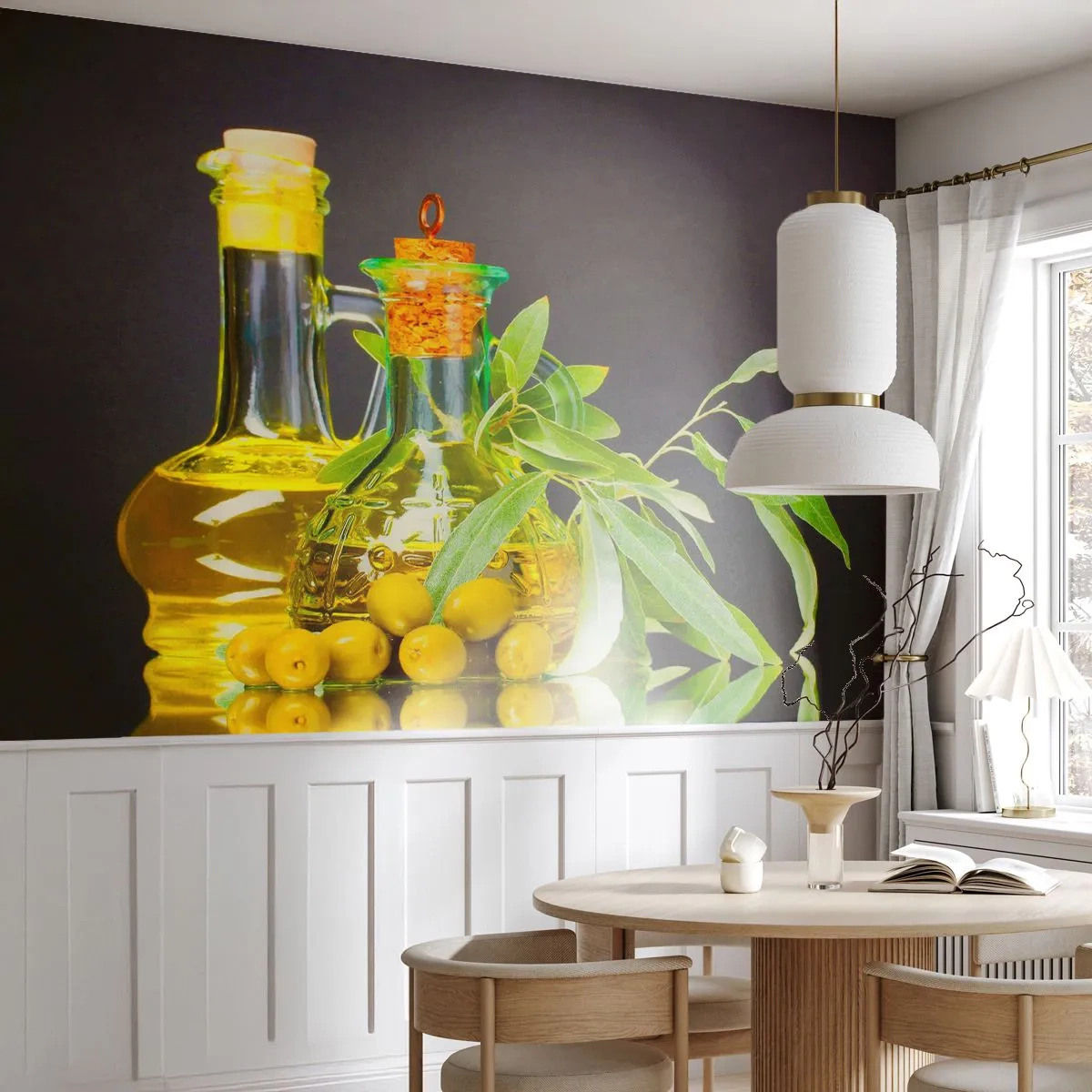 Fotótapéta Premium Sand - Csendélet olívabogyóval és olívaolajjal - Gasztronómia, Olajbogyó, Olaj - 100x70 cm