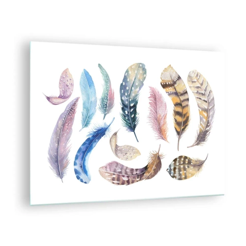 Üveg kép - Színes tollak művészi stílusban fehér alapon - 70x50cm - Könnyű, tarka és sokszínű - Modern fali dekoráció nappalihoz és hálószobához ARTTOR
