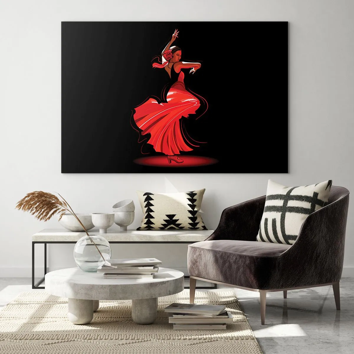 Üveg kép - Flamenco táncos piros ruhában, fekete háttér előtt - 70x50cm - A flamenco tüzes szelleme - Modern fali dekoráció nappalihoz és hálószobához ARTTOR