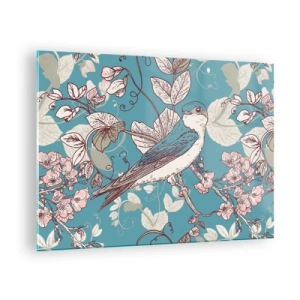 Üveg kép - Egy madár egy ágon virágok között, türkiz háttér előtt - 70x50cm - A vörös és ezüst tűlevelűben - Modern fali dekoráció nappalihoz és hálószobához ARTTOR