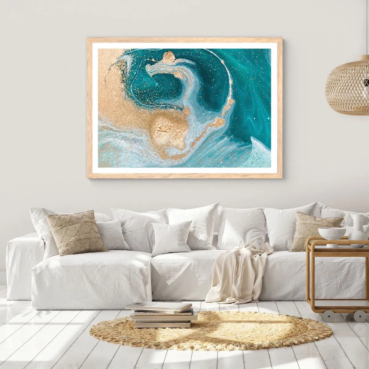 Poszter világos tölgy keretben - Arany és türkiz örvénye - 40x30 cm