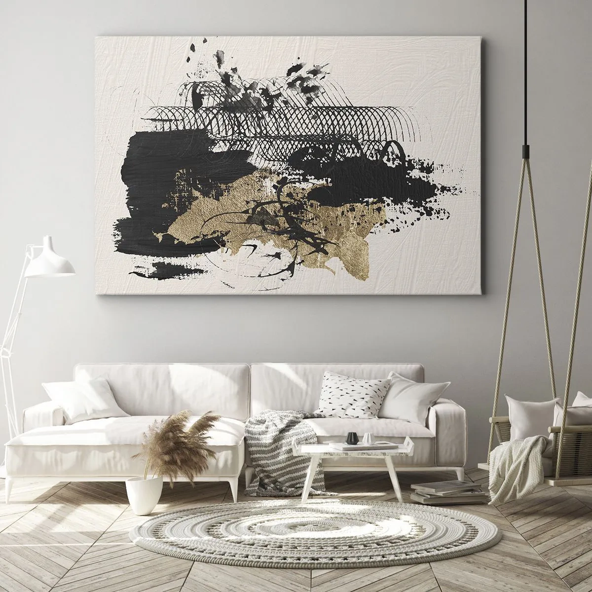 Vászonkép - Egy fekete és arany absztrakt festmény dinamikus vonalakkal és struktúrákkal. - 70x50cm - Szenvedélyes kompozíció - Modern fali dekoráció nappalihoz és hálószobához ARTTOR