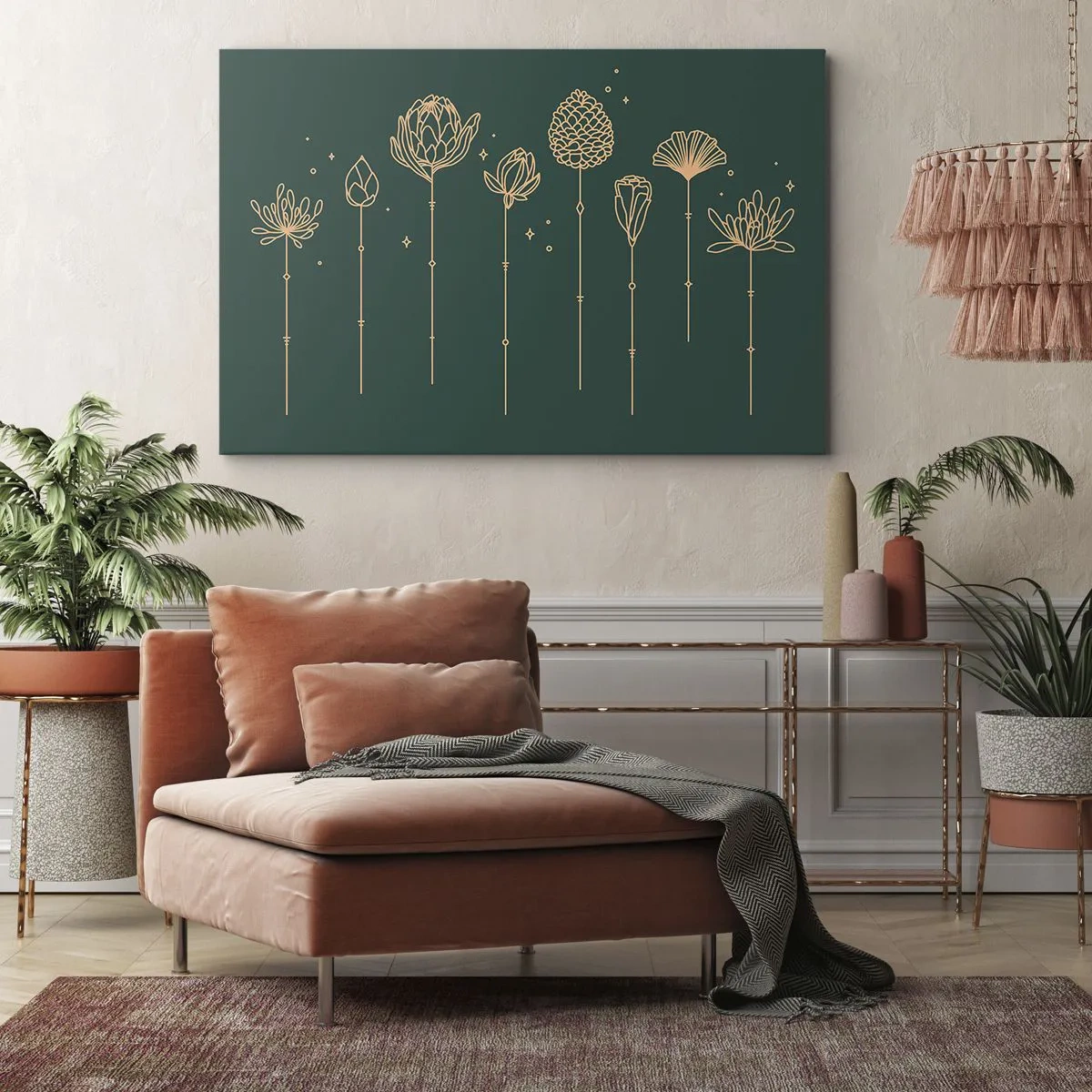 Vászonkép - Arany rajzok gyógynövényekről sötétzöld háttéren - 70x50cm - A ZIÓŁkowski család - Modern fali dekoráció nappalihoz és hálószobához ARTTOR