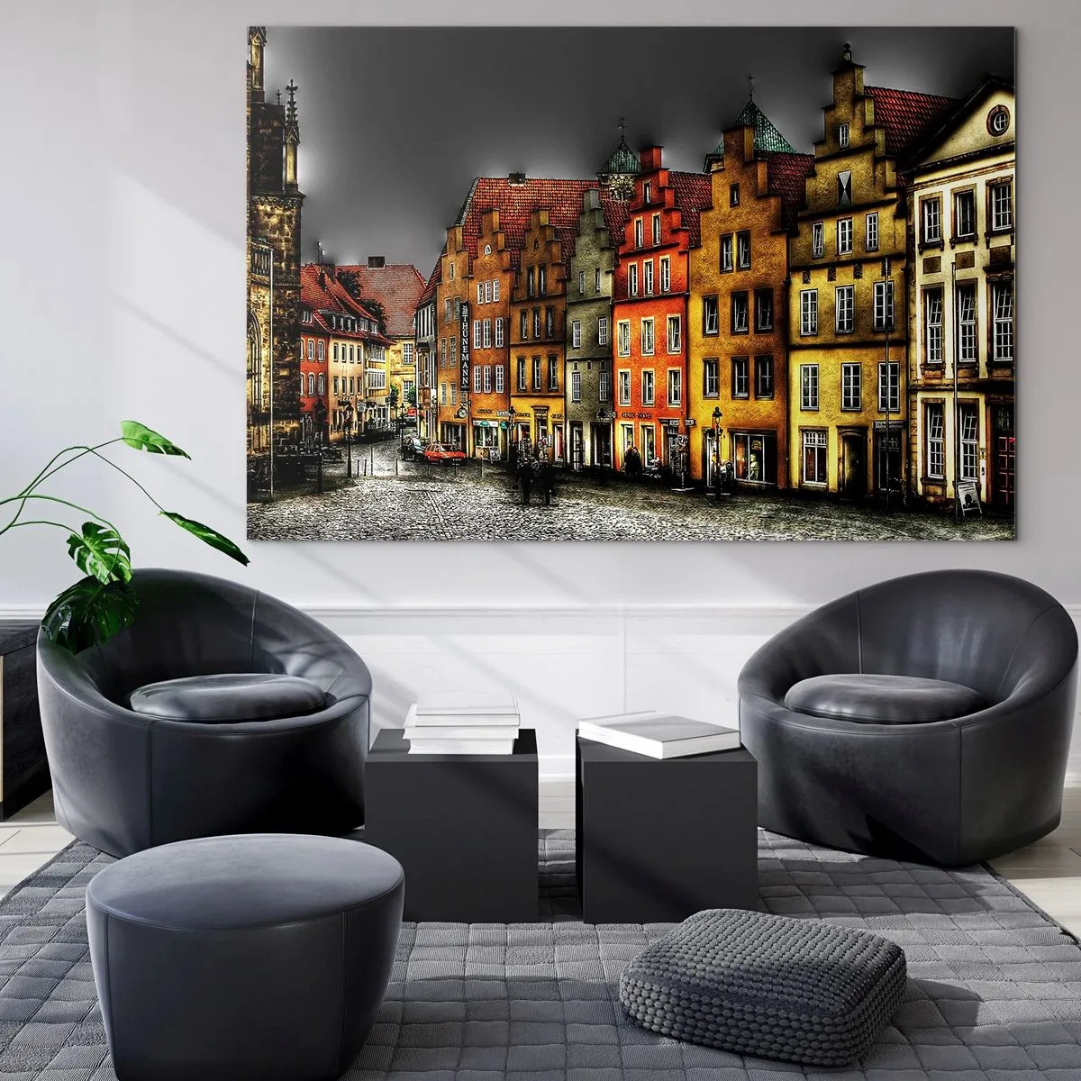 Üveg kép - Színes bérházak a felhős ég hátterében - 70x50cm - Már csak egy elvarázsolt hintó hiányzik - Modern fali dekoráció nappalihoz és hálószobához ARTTOR