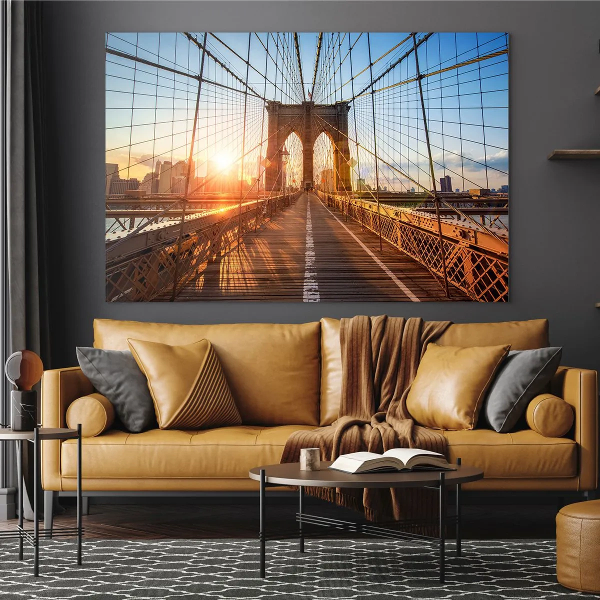 Üveg kép - Naplemente a Brooklyn hídon New Yorkban - 70x50cm - Az arany hídon - Modern fali dekoráció nappalihoz és hálószobához ARTTOR