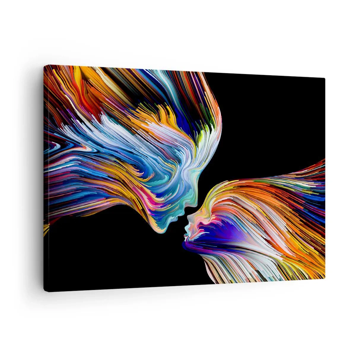 Vászonkép - Színes sziluettek arcok dinamikus patakokban fekete háttéren - 70x50cm - Az energia és a fény fúziója - Modern fali dekoráció nappalihoz és hálószobához ARTTOR