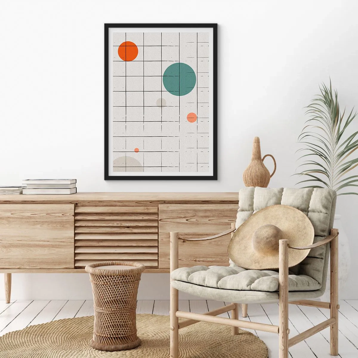 Poszter fehér keretben - Rács és színes körök absztrakt kompozíciója - 50x70cm - Csapdába esve. Mi vagy ők? - Modern fali dekoráció nappalihoz és hálószobához ARTTOR