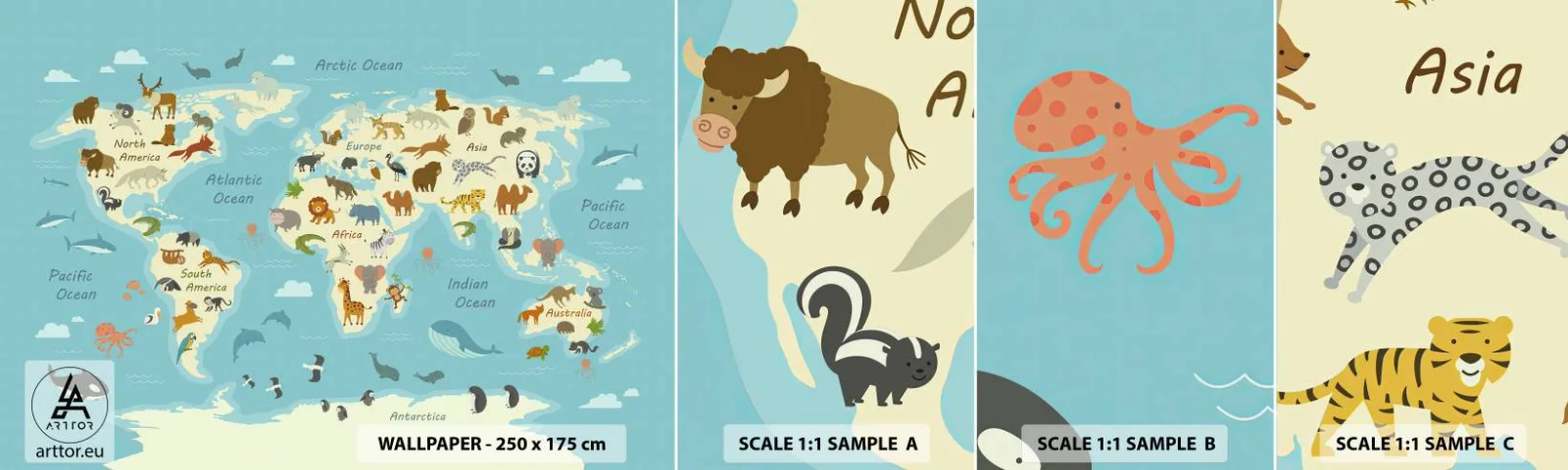 Fotótapéta Minta Öntapadós Deluxe Sticker - Jó szomszédok - Világtérkép, Térkép állatokkal, Állatok - 100x30 cm