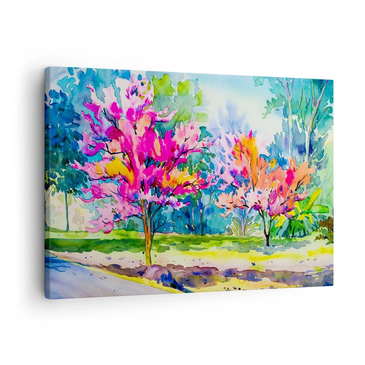 Vászonkép - Színes fák egy parkban akvarell stílusban - 70x50cm - Szivárvány kert a tavaszi fényben - Modern fali dekoráció nappalihoz és hálószobához ARTTOR