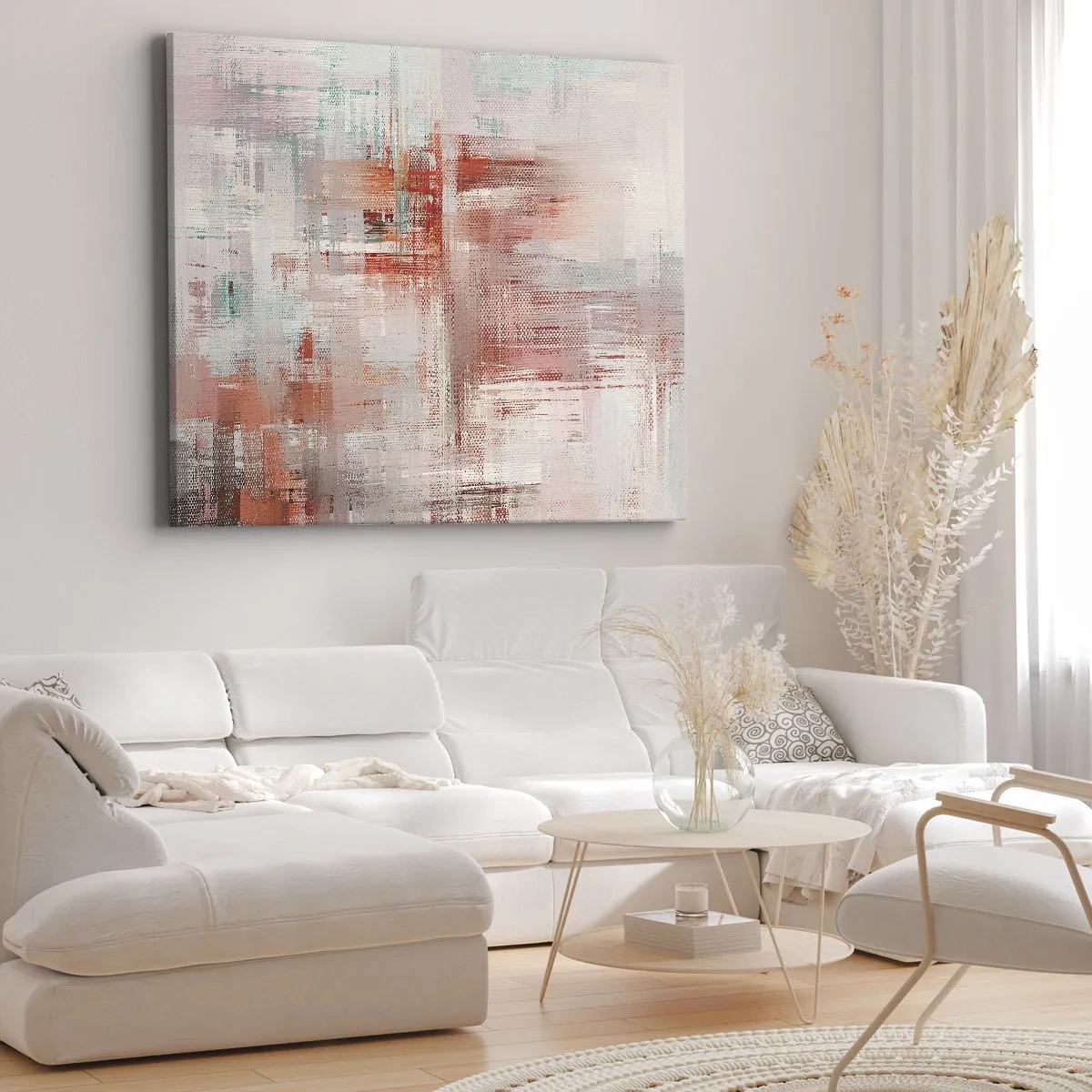 Vászonkép - Egy absztrakt kompozíció vörös és pasztellszínekkel. - 70x50cm - Ködös. De rózsaszín - Modern fali dekoráció nappalihoz és hálószobához ARTTOR