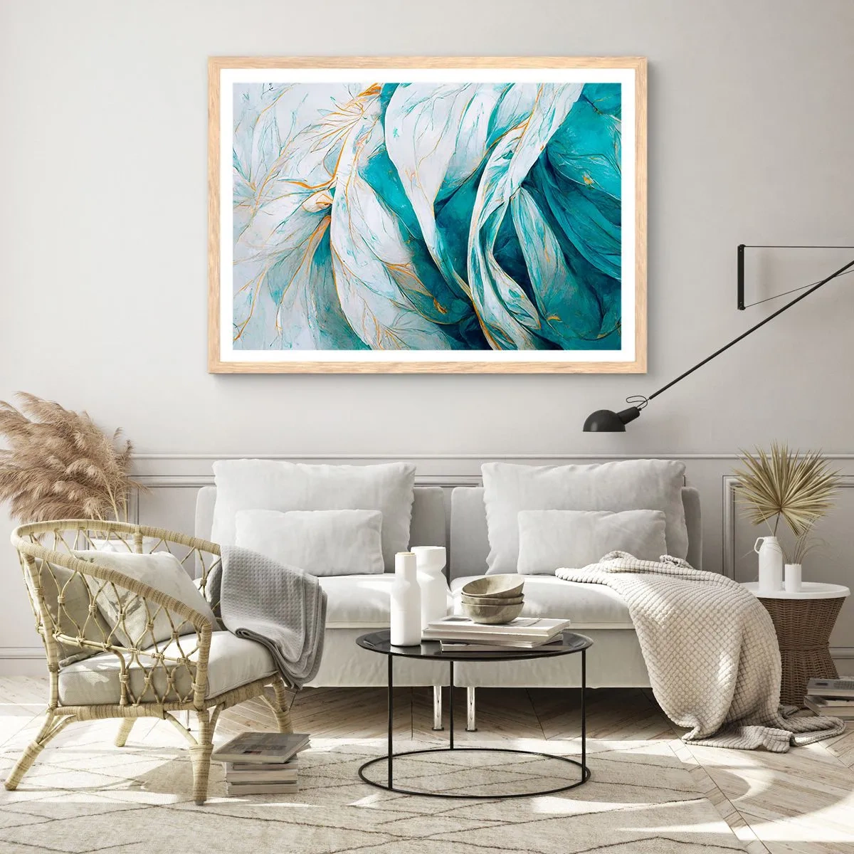 Poszter világos tölgy keretben - Kék absztrakció arany motívummal - 50x40 cm