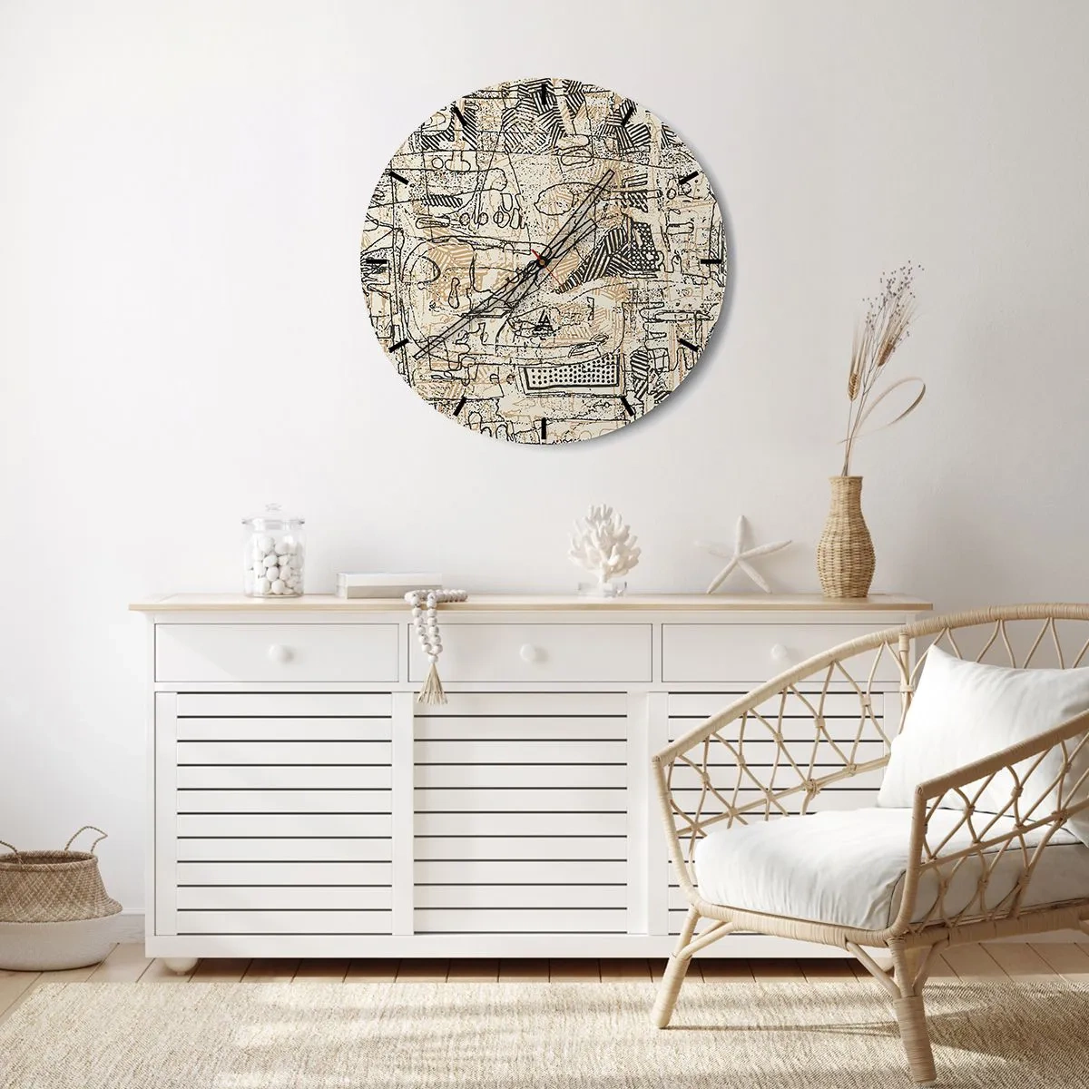 Falióra, Óra - Világos háttér előtt vonalas kontúrokkal készült női portré - 30x30cm - Dekódolásra vár - Modern fali dekoráció nappalihoz, konyhához és hálószobához ARTTOR