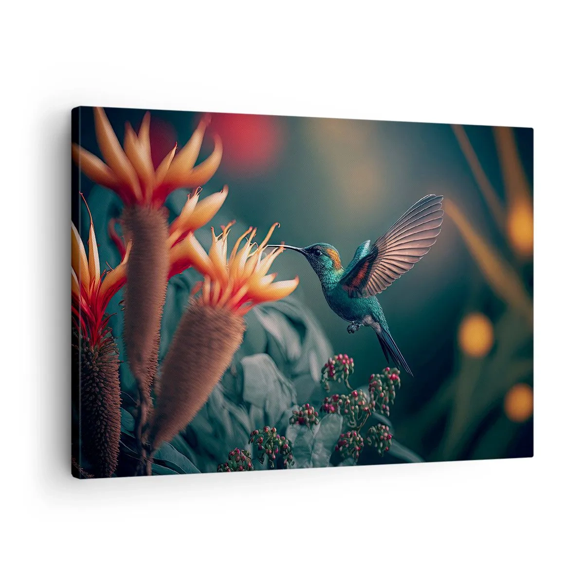 Vászonkép - Egy színes kolibri virágok mellett természetes háttér előtt - 70x50cm - Egy igazán színes élet - Modern fali dekoráció nappalihoz és hálószobához ARTTOR