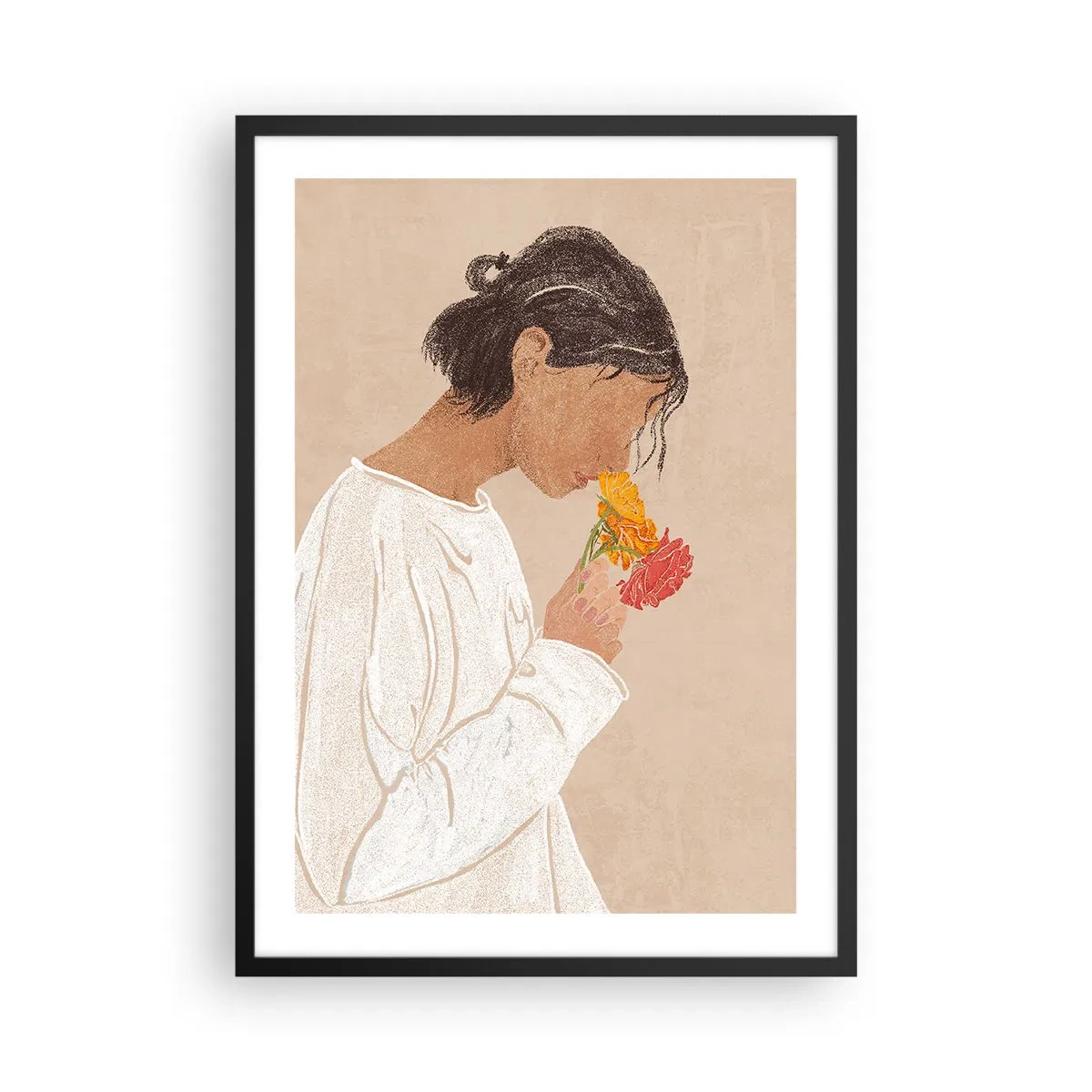 Poszter fehér keretben - Egy fehér ruhás nő virágokon tükröződik - 50x70cm - Lány és virágok - Modern fali dekoráció nappalihoz és hálószobához ARTTOR