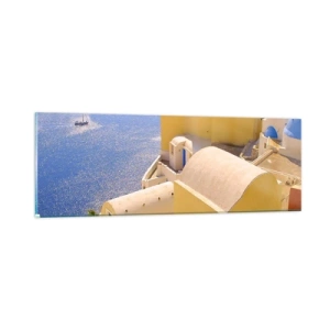 Üveg kép - Görög táj fehér és kék színben - 90x30 cm