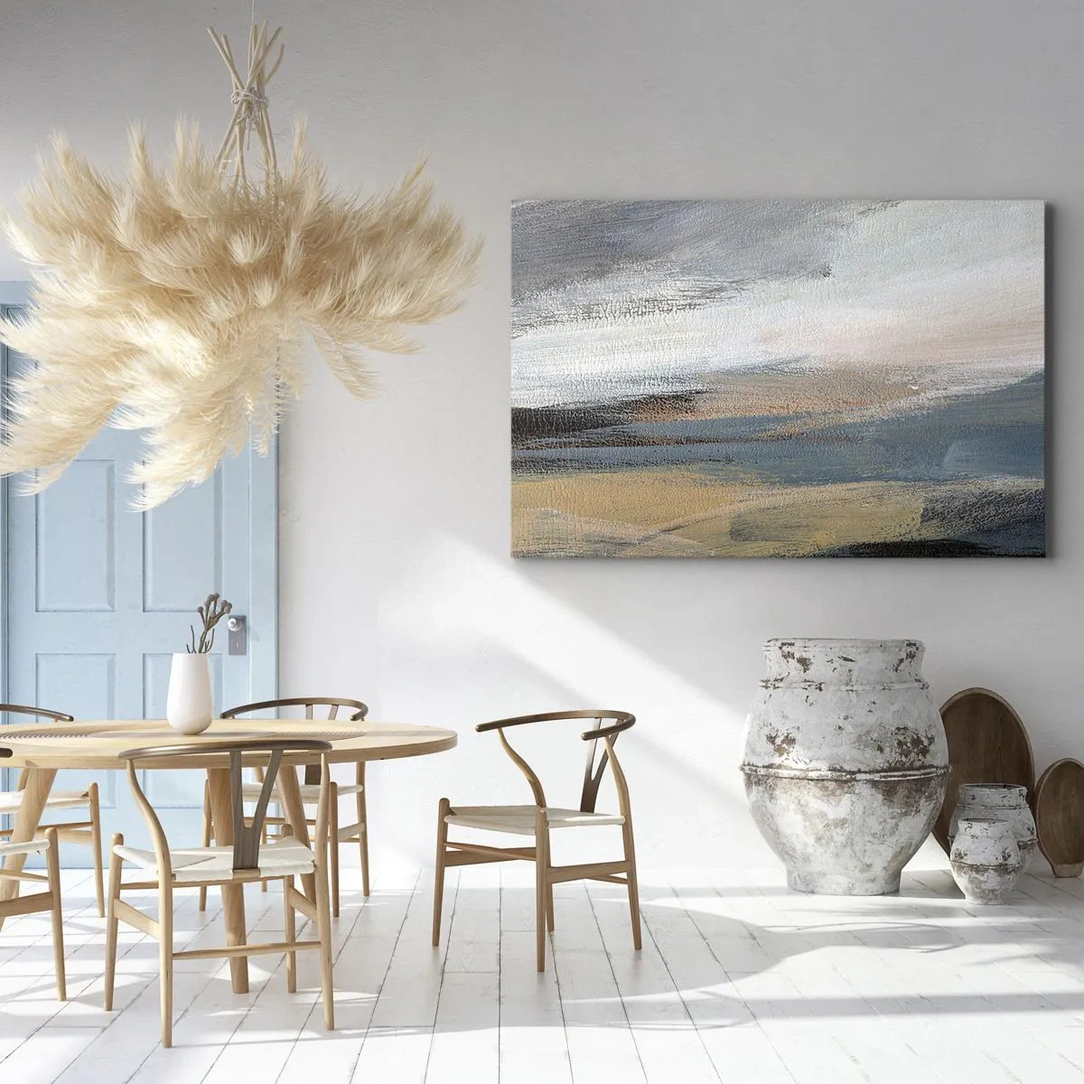 Vászonkép - Absztrakt tájkép visszafogott kék és bézs árnyalatokban - 70x50cm - Absztrakció: északi táj - Modern fali dekoráció nappalihoz és hálószobához ARTTOR