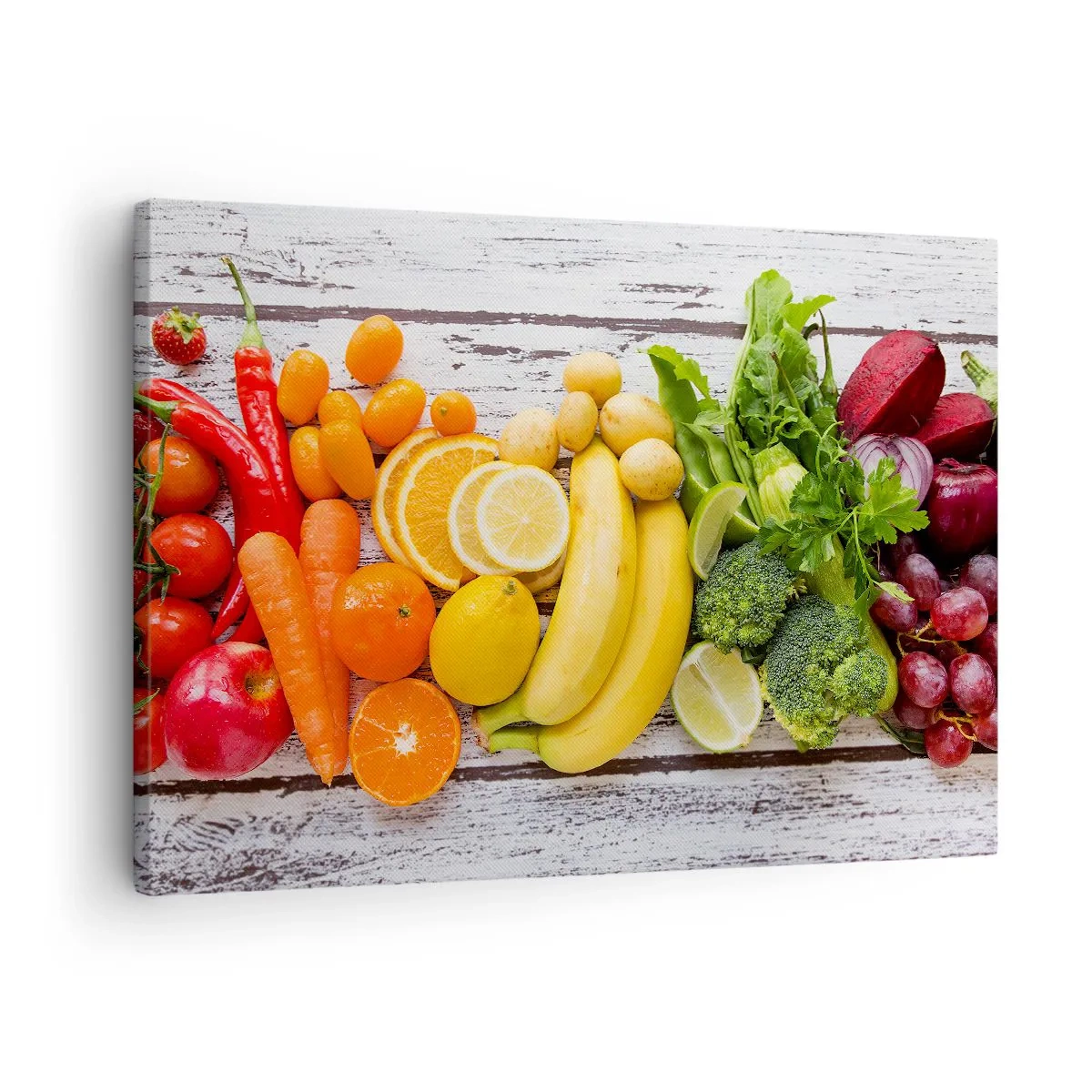 Vászonkép - Színes gyümölcsök és zöldségek fából készült háttéren - 70x50cm - Ez nem elég? - Modern fali dekoráció nappalihoz és hálószobához ARTTOR