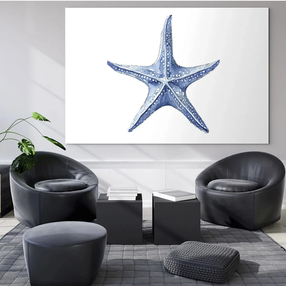 Üveg kép - Kék tengeri csillag fehér alapon, akvarell stílusban - 70x50cm - A tenger csillaga - Modern fali dekoráció nappalihoz és hálószobához ARTTOR