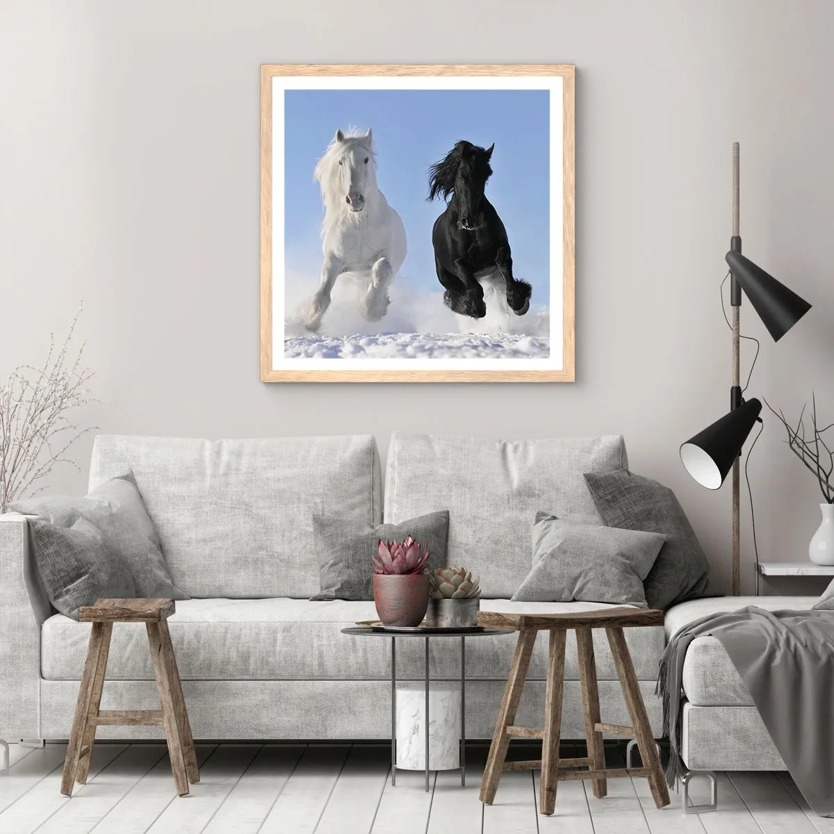 Poszter világos tölgy keretben - Fekete-fehér galopp - 30x30 cm