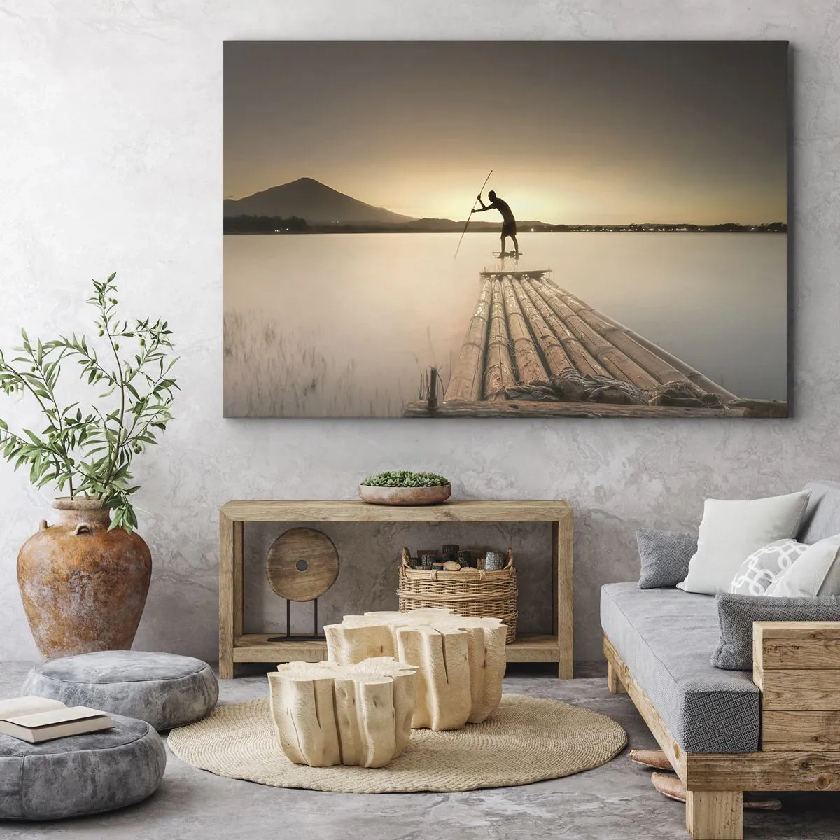 Vászonkép - Férfi egy tutajon naplementekor - 70x50cm - Pihenés előtt - Modern fali dekoráció nappalihoz és hálószobához ARTTOR