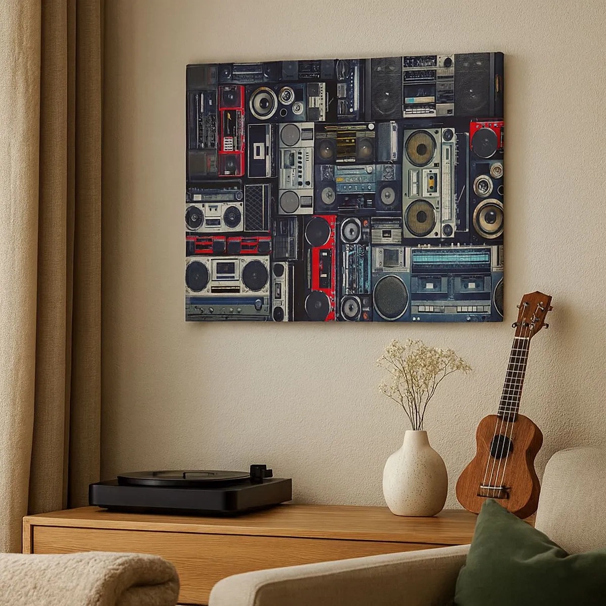 Vászonkép - Retro magnók és hangszórók kollázsa. - 70x50cm - A 80-as évek nosztalgiája - Modern fali dekoráció nappalihoz és hálószobához ARTTOR