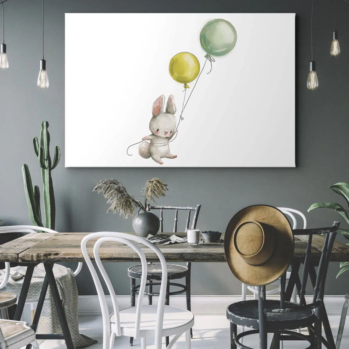 Vászonkép - Egy nyúl pasztellszínű lufikat tart - 70x50cm - Én is repülök! - Modern fali dekoráció nappalihoz és hálószobához ARTTOR