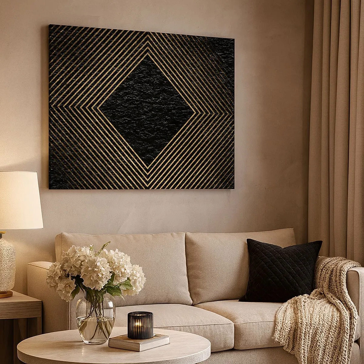 Vászonkép - Fekete háttér arany vonalak geometrikus mintájával - 70x50cm - Geometria glamour stílusban - Modern fali dekoráció nappalihoz és hálószobához ARTTOR