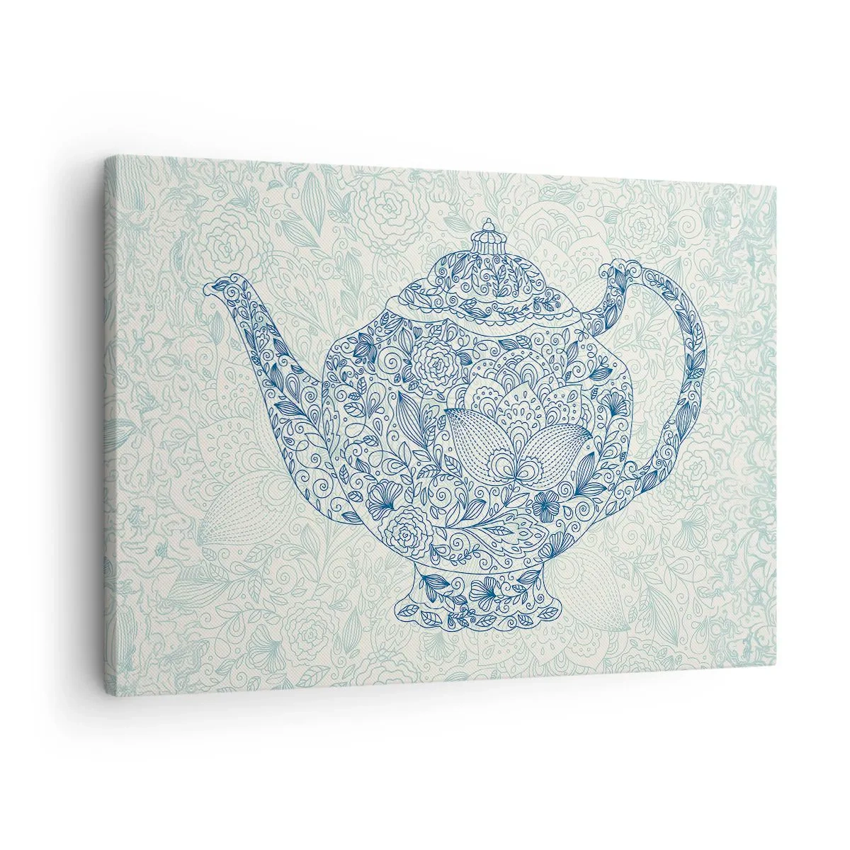Vászonkép - Kék díszekkel díszített teáskanna dekoratív rajza - 70x50cm - Tea varázsa - Modern fali dekoráció nappalihoz és hálószobához ARTTOR