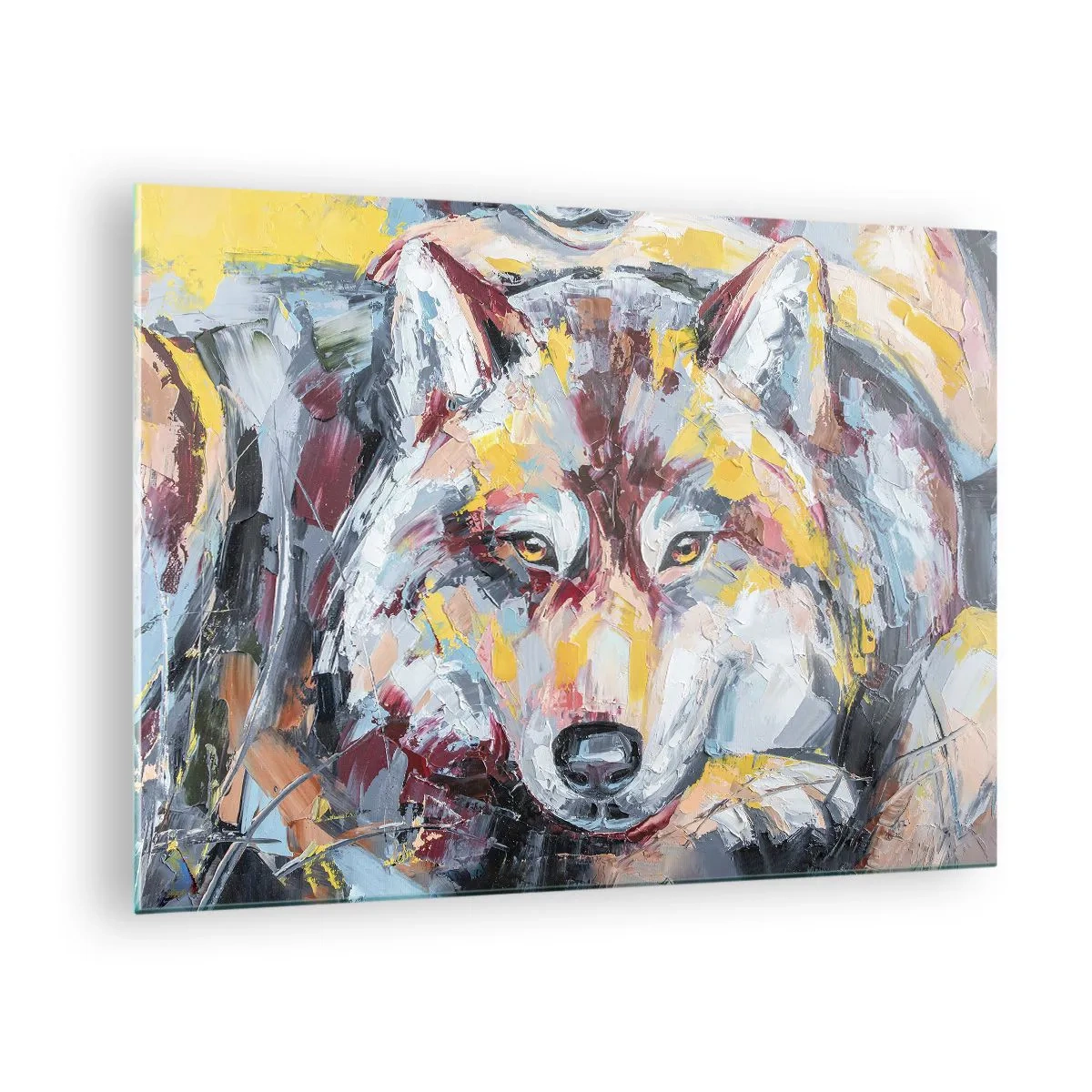 Üveg kép - Színes portré egy farkasról expresszionista stílusban - 70x50cm - Nyugalom a szeretteink között - Modern fali dekoráció nappalihoz és hálószobához ARTTOR