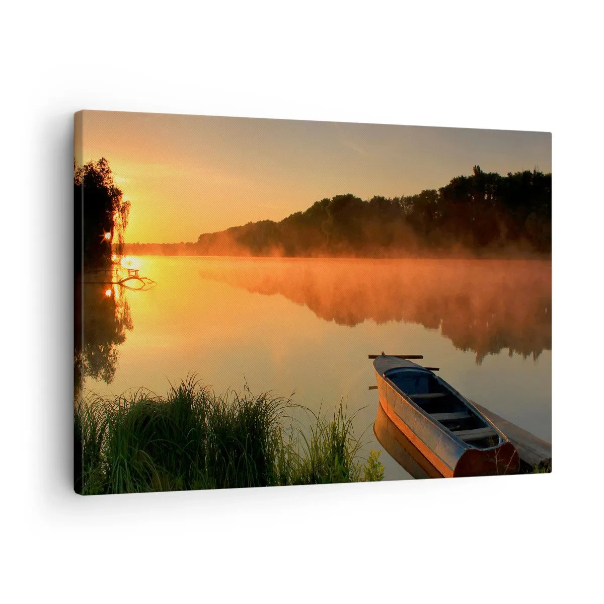 Vászonkép - Reggeli köd a folyó felett, egy hajóval a nap sugaraiban - 70x50cm - Napkelte a víz felett, mint egy tükör - Modern fali dekoráció nappalihoz és hálószobához ARTTOR