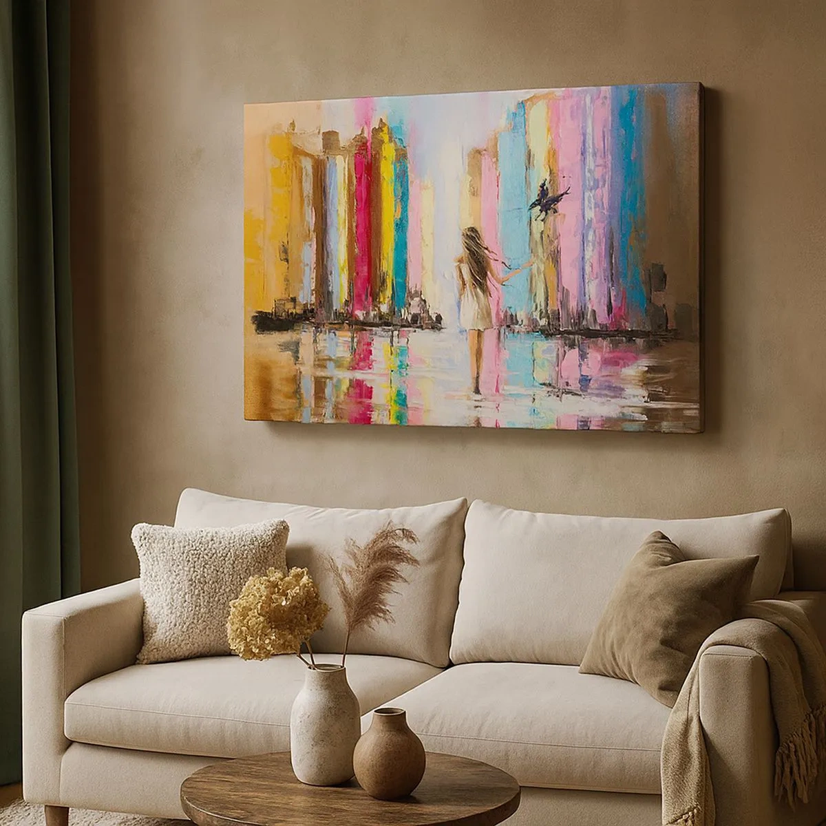 Vászonkép - Egy színes város és egy fehér ruhás nő egy madárral - 70x50cm - Kövessél - Modern fali dekoráció nappalihoz és hálószobához ARTTOR