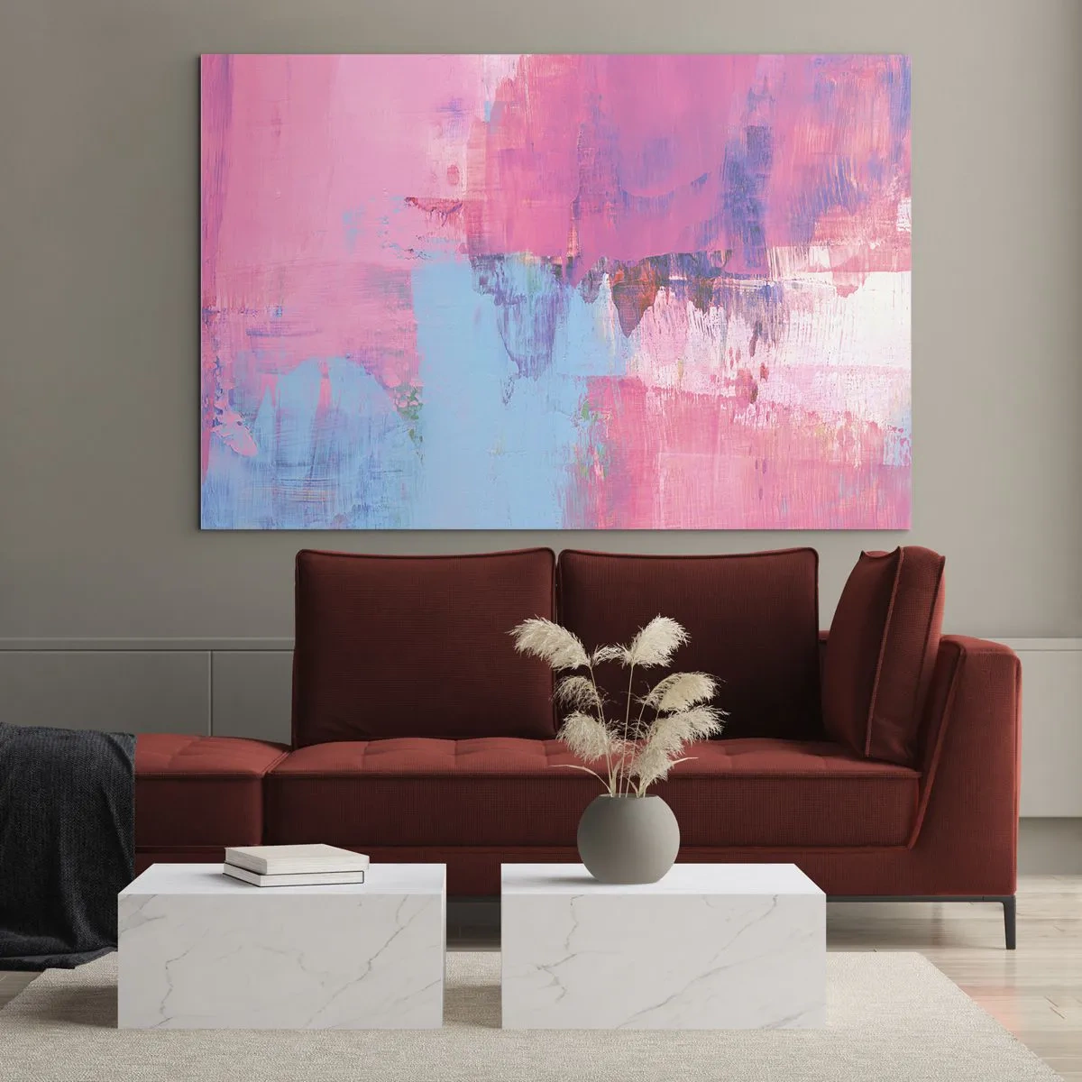 Üveg kép - Energikus absztrakció rózsaszín és kék árnyalatokban - 70x50cm - Rózsaszín, kék és egy csipetnyi fény - Modern fali dekoráció nappalihoz és hálószobához ARTTOR