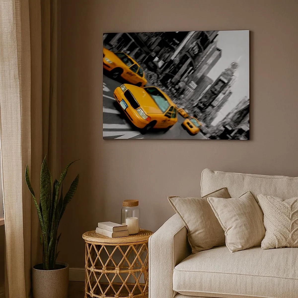 Vászonkép - Sárga taxik egy forgalmas városi kereszteződésben - 70x50cm - New York-i napfény cseppjei - Modern fali dekoráció nappalihoz és hálószobához ARTTOR