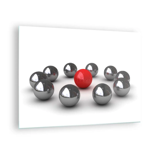 Üveg kép - Egy piros golyó, fehér alapon ezüsttel körülvéve - 70x50cm - Ezüst és piros kör - Modern fali dekoráció nappalihoz és hálószobához ARTTOR